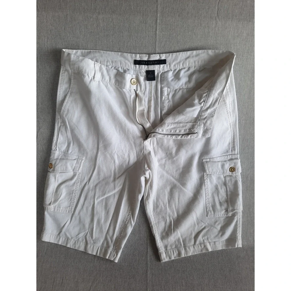 Sean John Men 34 Pure Linen Performance Active Pockets White Cargo Short